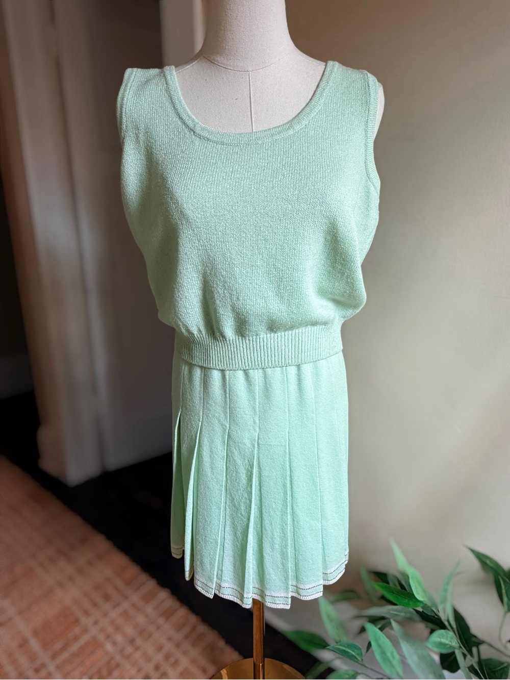 St. John Collection Mint Green Pleated Knit Skirt Set, Vintage